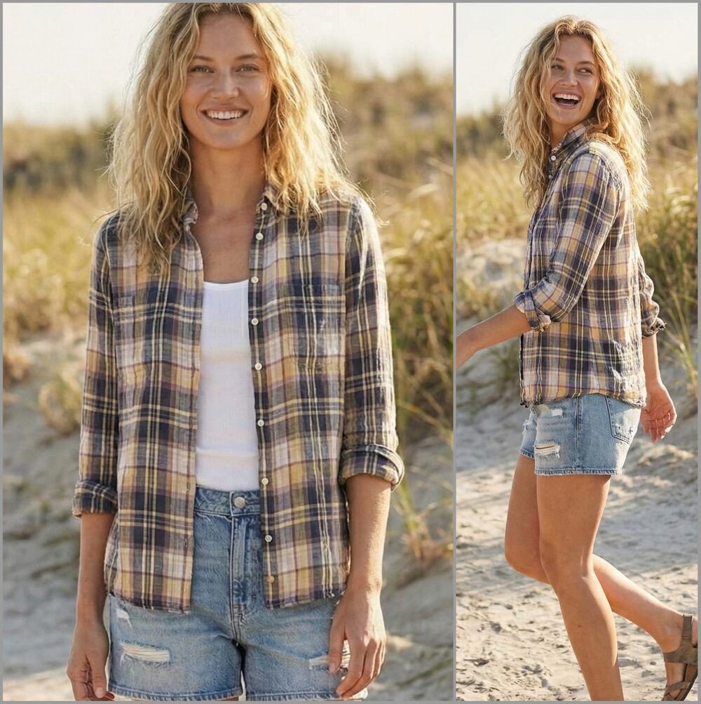 CP SHADES Linen Button up Shirt pleaded front plaid size Medium